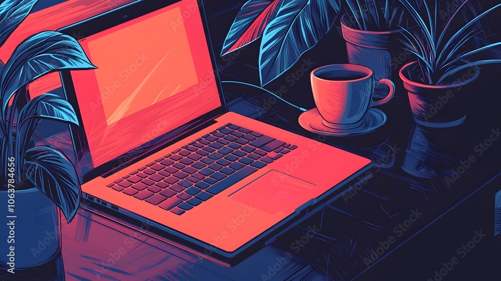 Poster closeup view of a modern minimalist workspace with an open laptop and a coffee cup resting nearby su