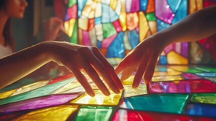 Fototapeta premium Close-Up of Hands Creating Stained Glass Art