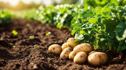 Fresh Organic Potatoes Growing in Soil: A close up of fresh organic potatoes growing in rich soil, with the green leaves of the potato plant in the background. This image evokes concepts of  freshness