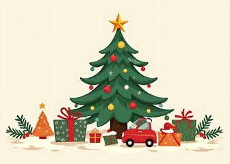 Fototapeta premium Vector illustrations of a Christmas tree toy and bell are used in holiday greeting card designs to create festive post graphics