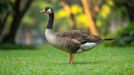 Obraz premium Chinese brown necked goose standing on a grassy land