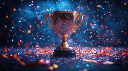 shining gold trophy cup on a pedestal surrounded by ribbons and confetti celebrating victory and achievement in a dramatic spotlight exuding a sense of accomplishment