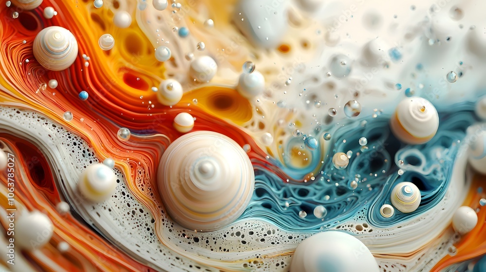Poster colorful and dynamic abstract composition featuring layered multicolor splashes and expressive drops