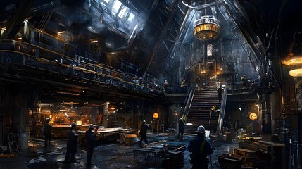 Construction Workers Collaborating on an Elevated Structure Site Showcasing Detailed Focus on Their Tools Equipment and Dramatic Lighting Effects