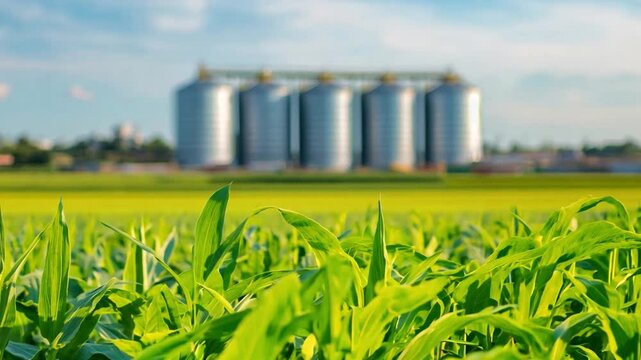 Vibrant green cornfield with silos in the background under a clear blue sky during summer