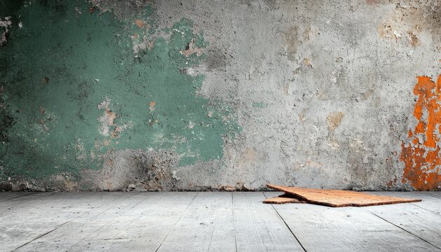 A textured wall with faded green paint and exposed areas, accompanied by a piece of cardboard on a concrete floor.