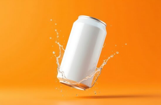 Splashing Soda Can on Bold Orange Background for Refreshing Branding Visuals - Powered by Adobe