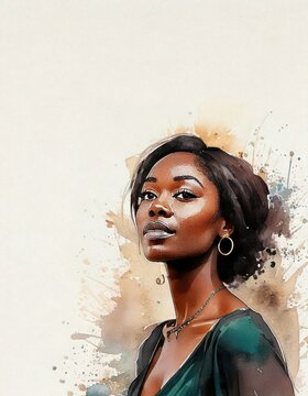 Fototapeta watercolor of a beautiful black woman isolated on a white background with empty copy space
