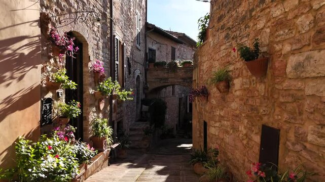 The alleys of the historic center of Spello, a medieval town in Umbria, Italy.
The narrow streets of the center of Spello paved with terracotta bricks.