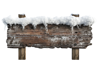 Snow-Covered Rustic Wooden Signboard Isolated on transparent background