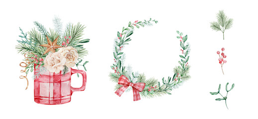 Watercolor Christmas compositions set with winter greenery