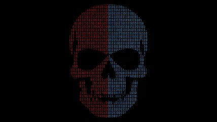Cybersecurity hacking danger digital skull composed of binary code in red and blue on a black background

