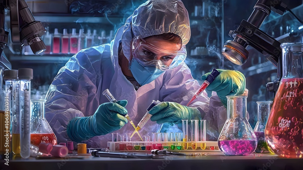 Poster dramatic image of a scientist wearing protective gear focusing on the process of dna extraction with