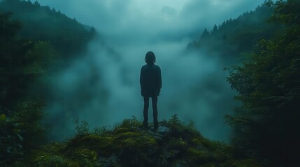 Obraz premium silhouette of a person standing in a misty forest creating a mysterious and enchanting ambiance the soft fog envelops the surroundings adding depth and intrigue to the composition