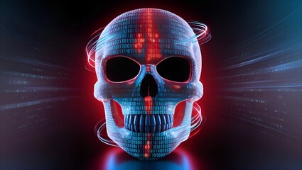 Cybersecurity hacking danger digital skull composed of binary code in red and blue on a black background
