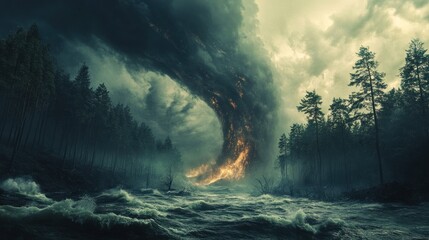 Fiery Whirlwind Over Forest