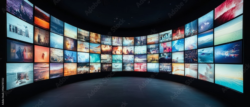 Poster a captivating and immersive multimedia streaming wall that features a diverse array of colorful chan