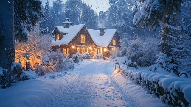 Snow-covered cozy cottage with warm lights glowing in a snowy forest, creating a peaceful and enchanting Christmas night scene in a winter wonderland