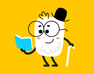 Vector cartoon illustration of smile geometric monster in hat and book in hand on yellow color background. Flat style child doodle design of cute abstract shape happy character with glasses