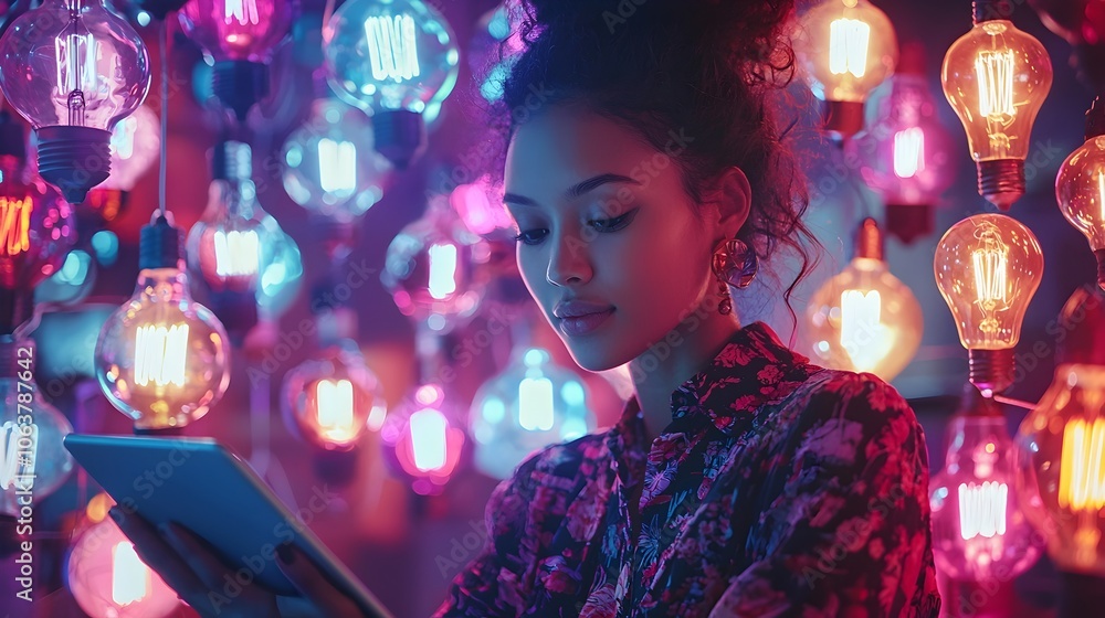 Poster dynamic image of a woman using a digital tablet while surrounded by colorful lightbulbs and startup 