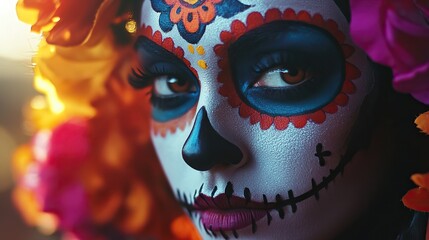 A Halloween makeup tutorial for a sugar skull look, inspired by de los with vibrant colors and detailed designs.