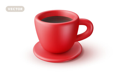 Vector illustration of realistic coffee cup with red color ceramic saucer on white background. 3d style design of coffee cup