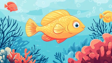 Fototapeta premium A vibrant cartoon-style orange fish swimming among colorful corals.