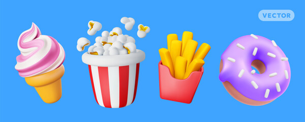 Vector illustration of set of realistic fast food icon. Bucket of pop corn, ice cream, donut and french fries. 3d style design of popcorn bucket, box of french fries, donut and ice cream. Sweet food