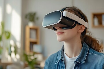 Woman experiences virtual reality with VR headset indoors