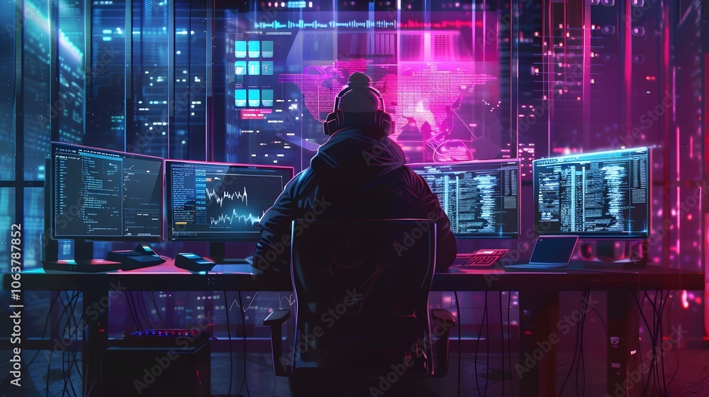 Aufkleber futuristic hacker workspace with glowing screens and dashboards in neon lit urban city setting