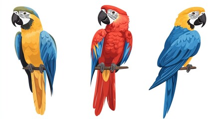 Colorful macaw parrots perched isolated on a white background