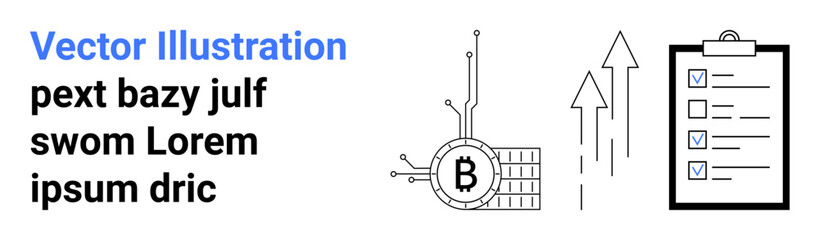 Bitcoin symbol circuit board, upward arrows indicating growth, checklist on clipboard with checkmarks. Ideal for technology, cryptocurrency, finance, business growth, productivity, project