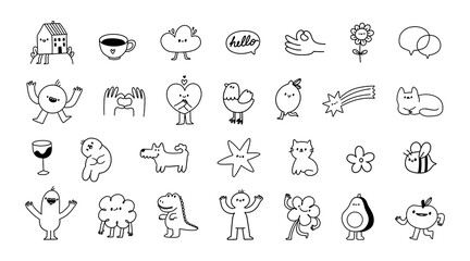 Cute doodle. Abstract sketch little tattoo. Simple kid line illustration. Hand drawn decorative black funny characters for branding, prints, stickers. Vector set