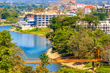 Mountain landscape with river lake water in Vang Vieng Laos.