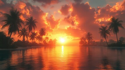 silhouetted palm trees basking in the warm glow of a tropical sunrise creating a picturesque scene that radiates tranquility and the essence of tropical paradise