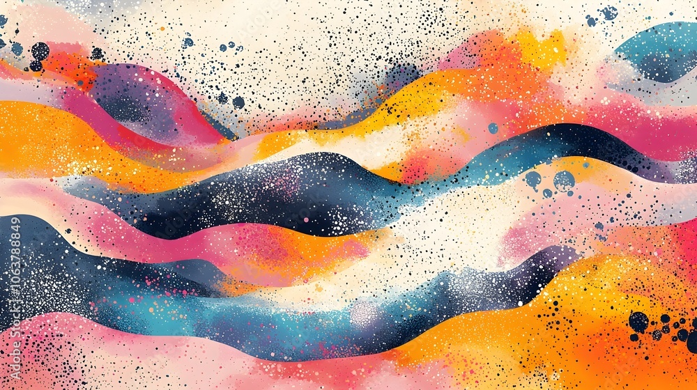 Poster energetic and dynamic abstract pattern featuring a mix of vibrant splatters and a textured paper bac