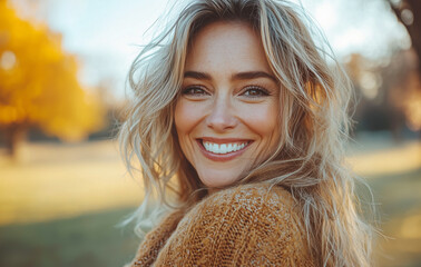 Una mujer de cabello rubio y suéter amarillo está sonriendo. Tiene una expresión alegre y alegre en su rostro.
