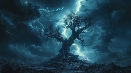 A lone, gnarled tree stands against a stormy sky, with lightning striking through its branches.