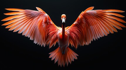 Obraz premium Flamingo with open wings isolated on a dark background