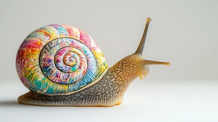 A colorful snail showcasing a vibrant, patterned shell against a clean background.