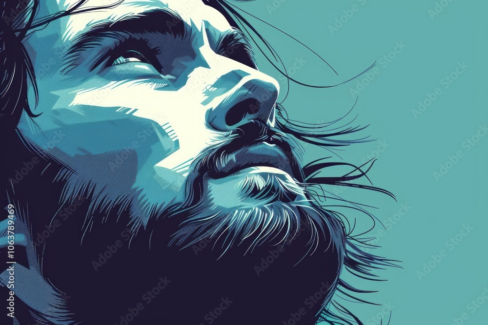 Poster professional illustration focuses face jesus emphasizing minimal lines and shapes convey deep emotio