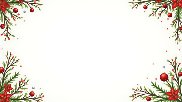 The border of a vector Christmas design features branches adorned with various Christmas decorations and ornaments in a festive holiday theme