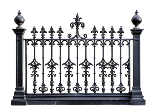 Elegant Black Wrought Iron Fence with Decorative Elements on transparent background