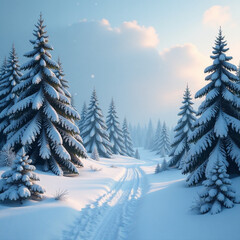 Obraz premium Snowfall in winter forest.Beautiful landscape with snow covered fir trees and snowdrifts.Merry Christmas and happy New Year greeting background with copy-space.Winter fairytale