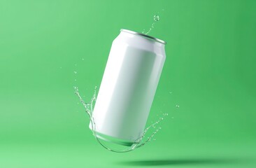 White Soda Can in Splash Against Bright Green Background for Marketing