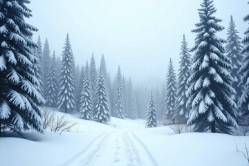 Fototapeta premium Snowfall in winter forest.Beautiful landscape with snow covered fir trees and snowdrifts.Merry Christmas and happy New Year greeting background with copy-space.Winter fairytale