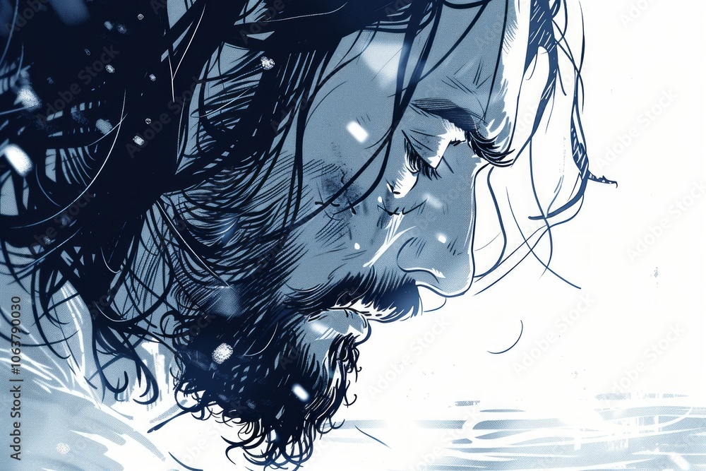 Poster professional illustration captures essence jesus face using minimal lines and shapes convey profound