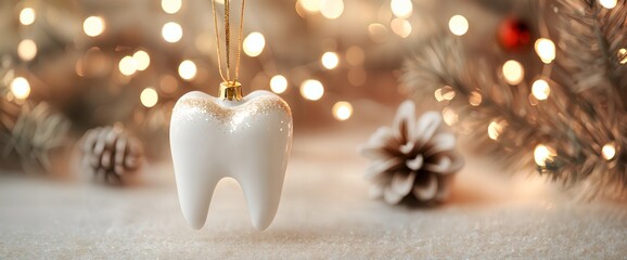 White 3d tooth ornament with festive decoration hang on Christmas tree with warm bokeh lights in background. Holiday and dental care concept. For greeting card, invitation, ads. 