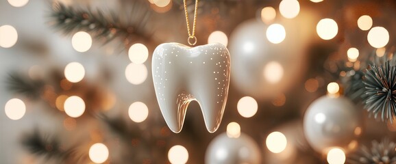 Festive 3D tooth toy with golden stars hang on Christmas tree. Holiday dental decor with lights and frosted pine branches. For seasonal promotions and Christmas campaigns