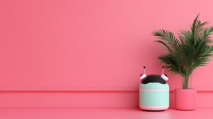 A vibrant pink setting features a decorative potted plant next to a playful, robot-inspired accent piece, creating a modern and cheerful atmosphere.
